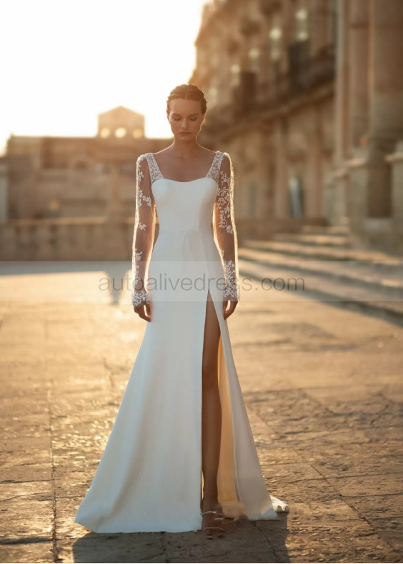 Long Sleeves Ivory Lace Satin High Slit Wedding Dress